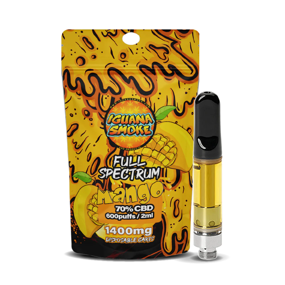 Buy CBD mango vape cartridge UK – Iguana Smoke 1400mg 2ml, 70% full-spectrum, THC-free, 510-thread. Tropical mango flavour, discreet packaging and free UK delivery over £100.
