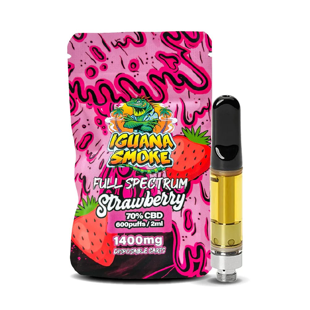 Buy CBD strawberry vape cartridge UK – Iguana Smoke 1400mg 2ml, 70% full-spectrum, THC-free, 510-thread. Sweet strawberry flavour, discreet packaging and free UK delivery over £100.
